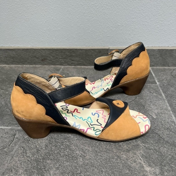 Clamp Women’s Open‎ Toe Leather Comfort Sandal Heels Tan & Navy - Picture 5 of 10